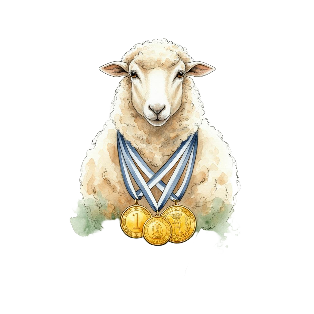 Oveja manchega ilustrada en acuarela con medallas de oro al cuello